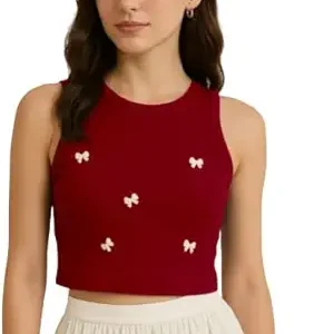 Solid Sleeveless Crop Top with 3D Bow Embellishments
